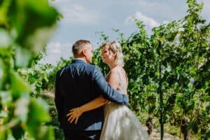 Braut und Bräutigam schauen sich an halten sich fest Weinberg Weinanlage